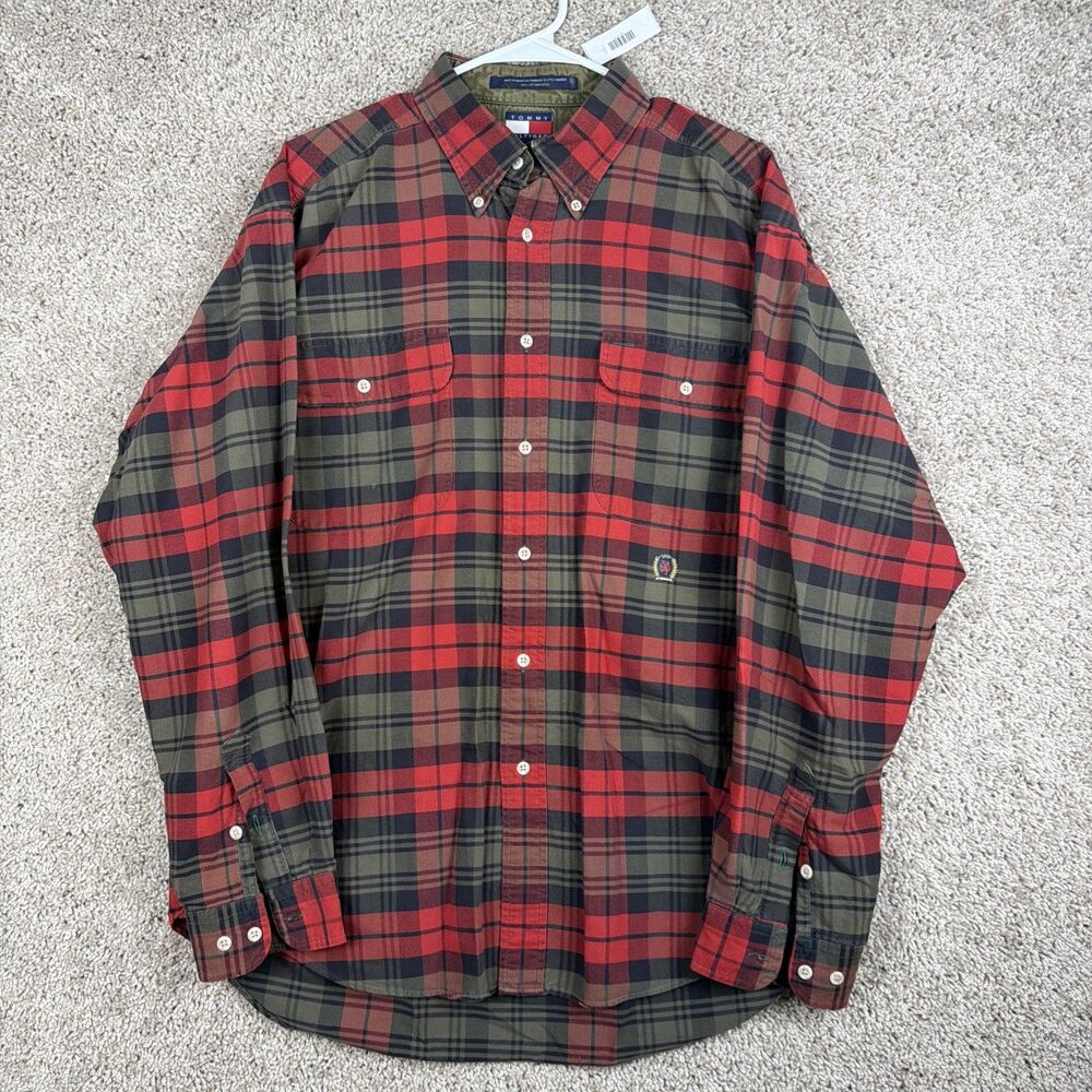 Tommy Hilfiger Shirt Adult Large Red Green Crest Plaid Button Up Long Sleeve Men